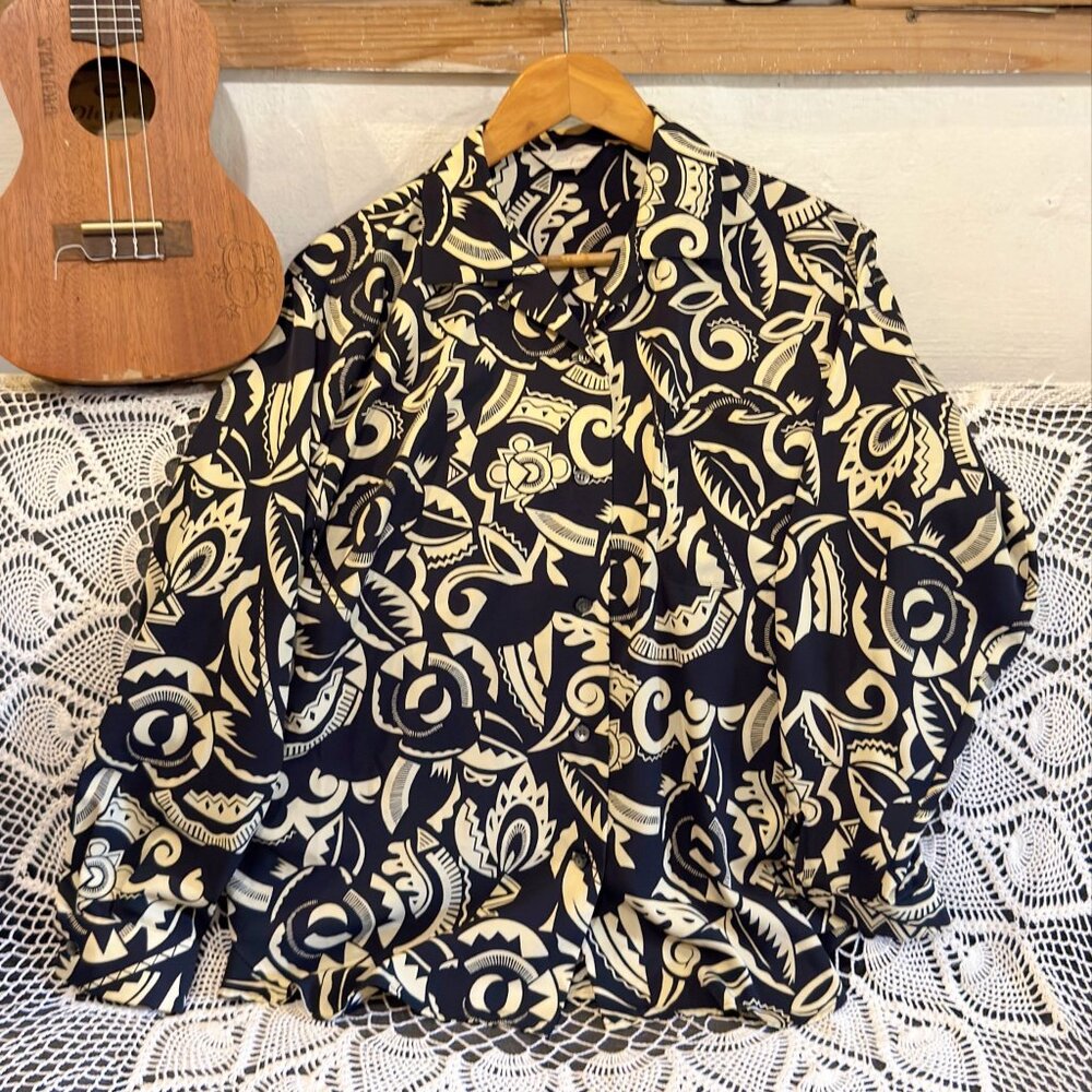Black Cream Abstract Tribal Print Oversized Button Down Shirt Boho Top